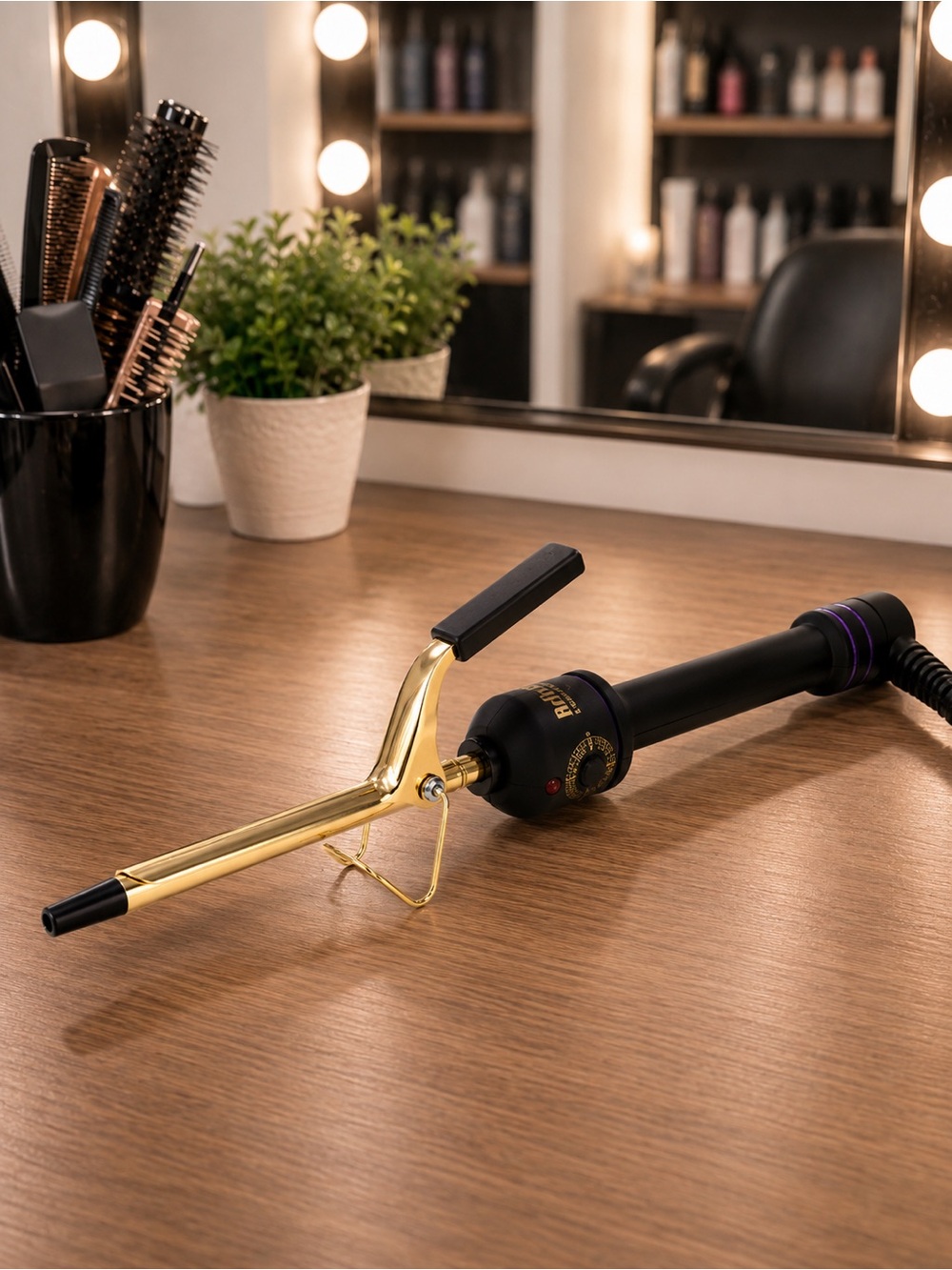 Black Hair Curling Iron with Purple Accents - Women's Styling Tool